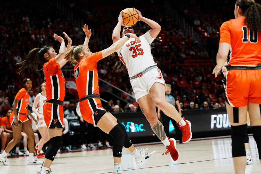 University of Utah women’s basketball forward Alissa Pili (35) in the game versus the Princeton Tigers at the Jon M. Huntsman Center in Salt Lake City on Sunday, March 19, 2023.