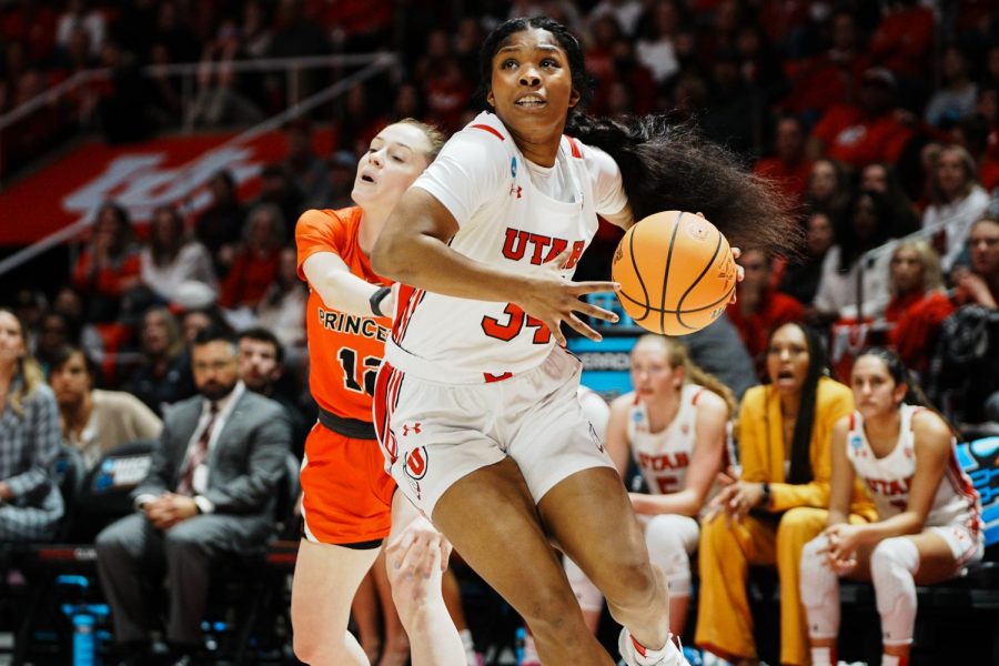 University of Utah women’s basketball forward Dasia Young (34) in the game versus the Princeton Tigers at the Jon M. Huntsman Center in Salt Lake City on Sunday, March 19, 2023.