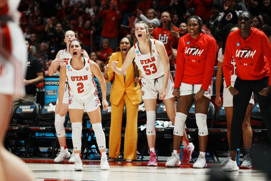 The+University+of+Utah+women%E2%80%99s+basketball+team+celebrates+during+the+March+Madness+game+versus+the+Princeton+Tigers+at+the+Jon+M.+Huntsman+Center+in+Salt+Lake+City+on+March+19%2C+2023.