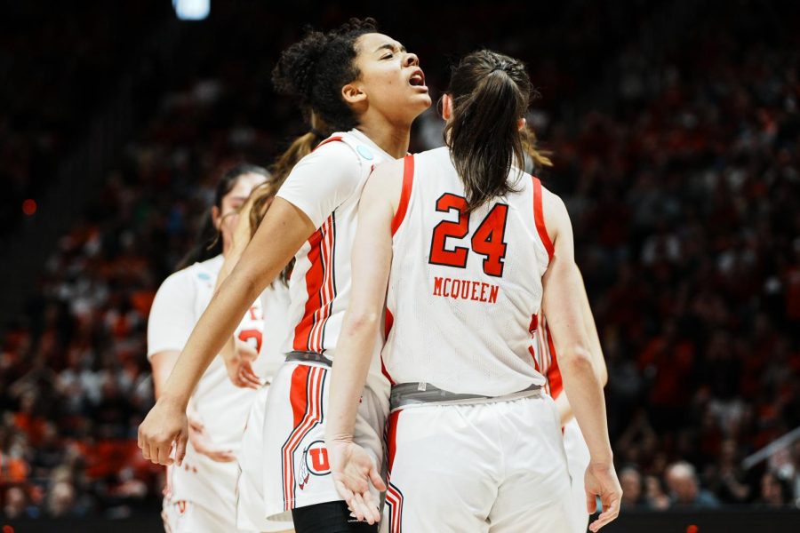 University of Utah women’s basketball guard Lani White (3) and guard Kennady McQueen (24) in the game versus the Princeton Tigers at the Jon M. Huntsman Center in Salt Lake City on Sunday, March 19, 2023.