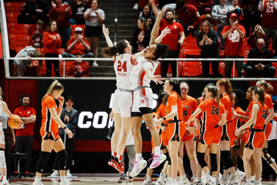 University of Utah women’s basketball guard Lani White (3) and guard Kennady McQueen (24) in the game versus the Princeton Tigers at the Jon M. Huntsman Center in Salt Lake City on Sunday, March 19, 2023.