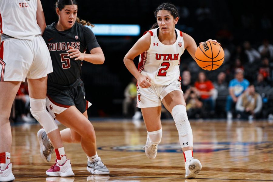The University of Utah women’s basketball guard Inês Vieira (2) takes on the Washington State Cougars at Michelob ULTRA Arena in Las Vegas, NV, on Thursday, March 2, 2023.