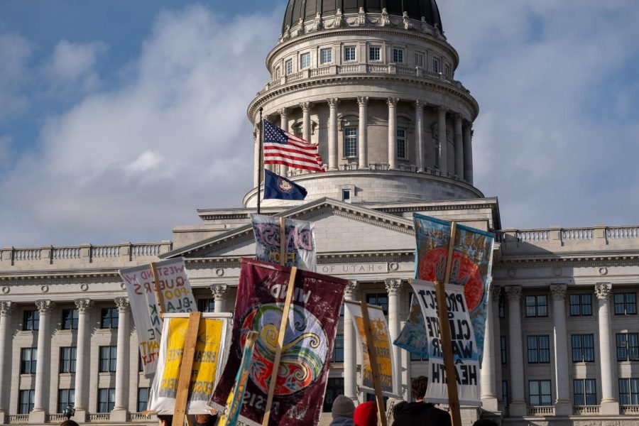 Global climate strike protestors march towards the Utah State Capitol in Salt Lake City on Friday, March 3, 2023.