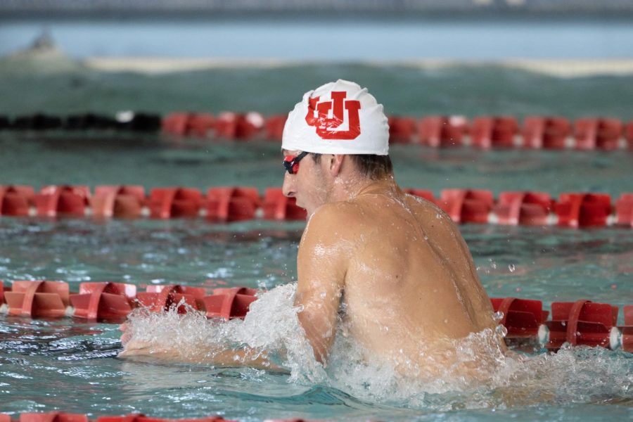A University of Utah swimmer races during the intrasquad swim meet on Friday, Sept. 16, 2022 at Ute Natatorium on campus in Salt Lake City.