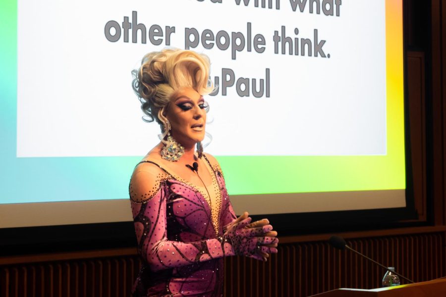 Gia Bianca Stephens speaking at the The Drag Queen Story Time event at the Gould Auditorium on the first floor of the J. Willard Marriott Library on Thursday, March 30, 2023.