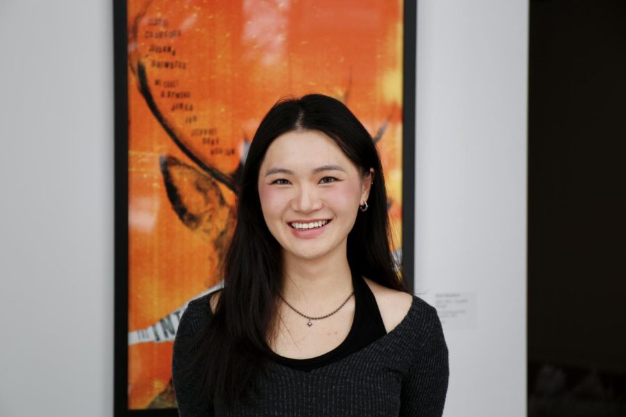 Linsey Yoonji Lee, social media contributor at the Daily Utah Chronicle, poses on Friday, March 31, 2023 at her favorite place on campus, the Film and Media Arts Building at University of Utah in Salt Lake City.