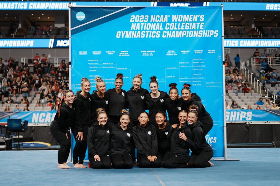 Utah Red Rocks poses for a photo after the advancement to the final at the 2023 NCAA Women’s National Collegiate Gymnastics Championships at Dickies Arena in Fort Worth, TX, on Thursday, April 13, 2023.