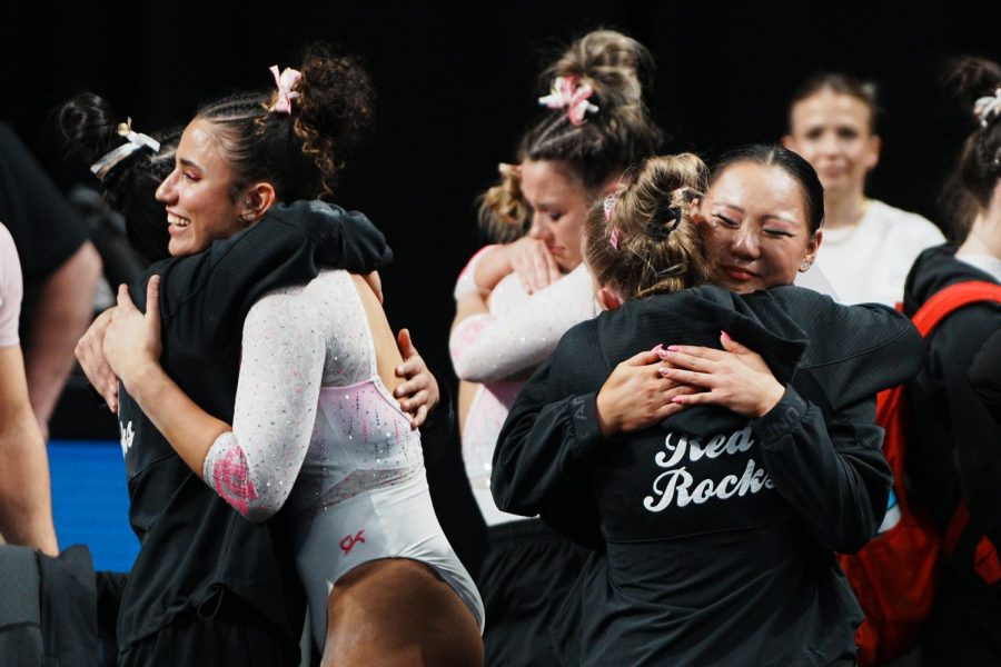 Utah Red Rocks after competing at the 2023 NCAA Women’s National Collegiate Gymnastics Championships Finals at Dickies Arena in Fort Worth, TX, on Saturday, April 15, 2023. (Photo by Xiangyao “Axe” Tang | The Daily Utah Chronicle)
