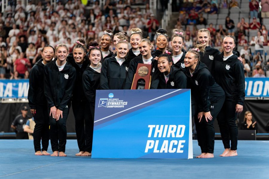 The Utah Red Rocks pose for a photo at the 2023 NCAA Women’s National Collegiate Gymnastics Championships Finals at Dickies Arena in Fort Worth, TX, on Saturday, April 15, 2023.