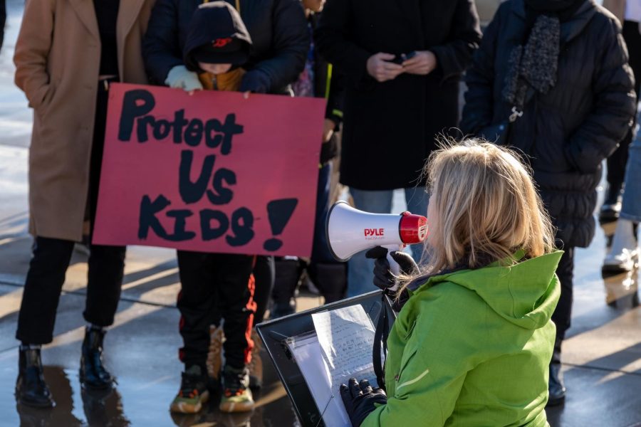 Carolyn Tuft speaking during the March For Our Lives protest at the Utah State Capitol in Salt Lake City on Wednesday, April 5, 2023. (Photo by Marco Lozzi | The Daily Utah Chronicle)