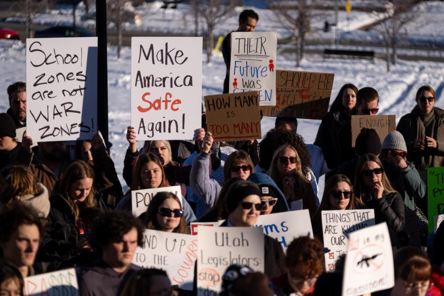 Protestors holding up signs during the March For Our Lives protest at the Utah state capitol in Salt Lake City on Wednesday, April 5, 2023.