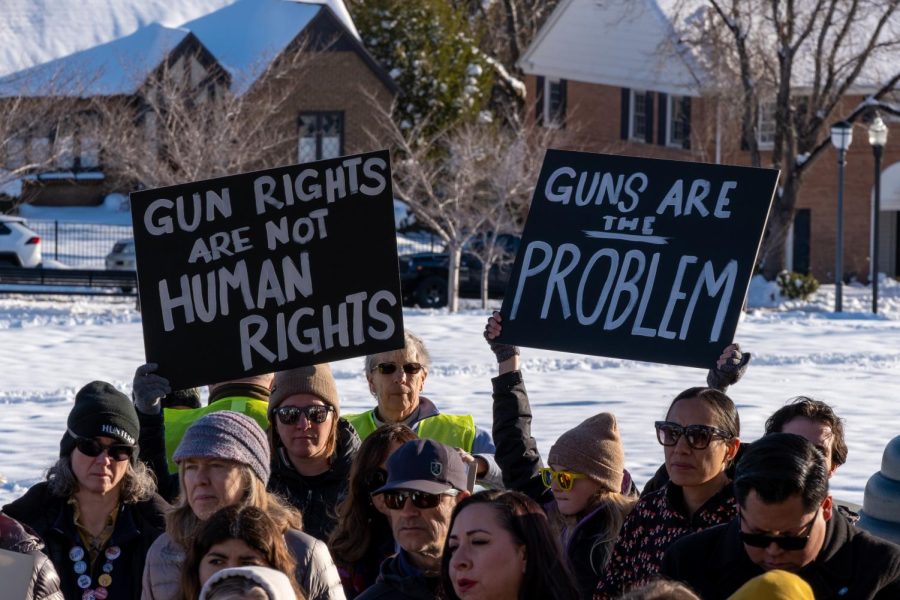 Protestors holding up signs during the March For Our Lives protest at the Utah state capitol in Salt Lake City on Wednesday, April 5, 2023.