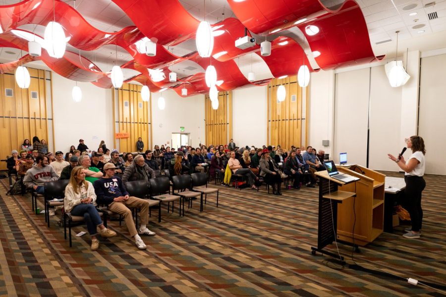 Claudia Wiese speaks at the the Action Night held in the A. Ray Olpin Student Union in Salt Lake City on Feb. 6, 2023.