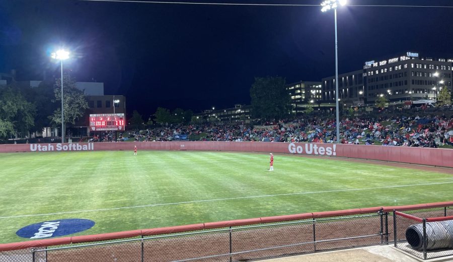 The+Utah+Utes+take+the+field+for+their+first+NCAA+Super+Regional+game+against+SDSU+on+Friday%2C+May+26%2C+2023.+The+game+featured+the+first+sold-out+stadium+since+2017%2C+with+the+outfield+berm+completely+packed.