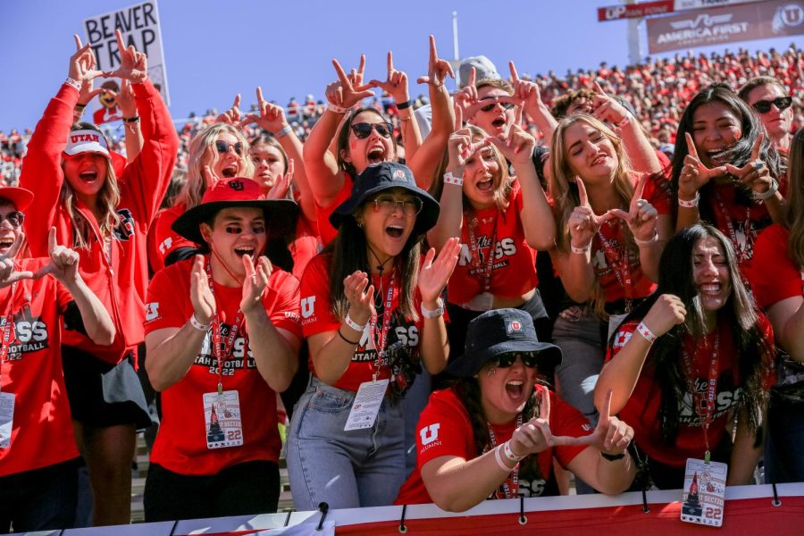 The MUSS cheers during the NCAA Football game versus Oregon State University at Rice-Eccles Stadium on the University of Utah campus on Oct. 1, 2022.