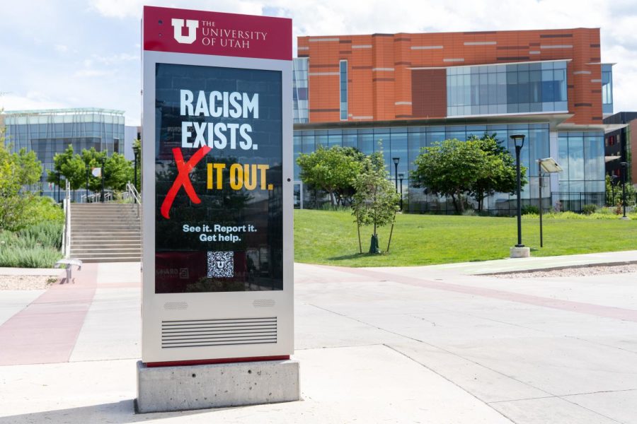 A digital board displaying a sign that says Racism exists. X it out. on the University of Utah campus in Salt Lake City on Wednesday, June 7, 2023.