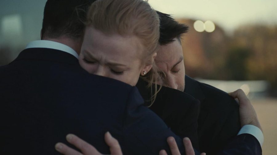 An improvised hug between Jeremy Strong, Sarah Snook and Kieran Culkin in Succession (Courtesy of Max)