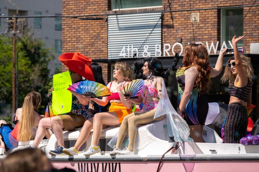 Drag queens sitting on a float during the 2023 Utah Pride Parade in downtown Salt Lake City on Sunday, June 4, 2023. (Photo by Marco Lozzi | The Daily Utah Chronicle)
