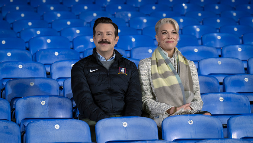 Jason Sudeikis (Ted Lasso) and Hannah Waddingham (Rebecca Welton) in Ted Lasso. (Courtesy of Apple TV+ Press)