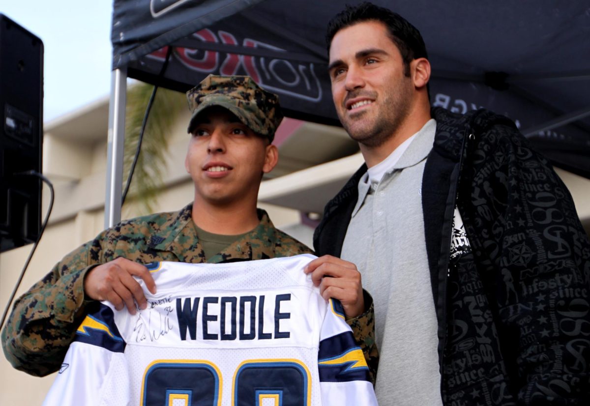 Sgt. Roy Estrella meets and stands with his favorite San Diego Chargers’ football player, Eric Weddle at Camp Pendleton’s Country Store in CA on Dec. 1, 2009. (Courtesy of United States Marine Corps)