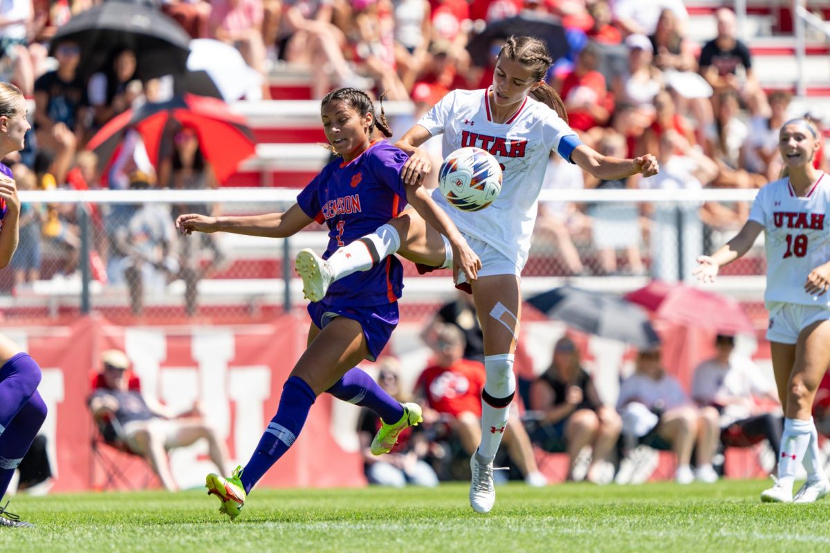 The University of Utah women’s soccer midfielder Courtney Brown (16) in the game versus Clemson Tigers at Ute Soccer Field in Salt Lake City, Utah, on Sunday, Aug.27, 2023. (Photo by Xiangyao “Axe” Tang | The Daily Utah Chronicle)