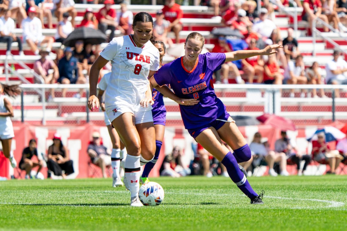 The University of Utah women’s soccer forward Taliana Kaufusi (8) in the game versus Clemson Tigers at Ute Soccer Field in Salt Lake City, Utah, on Sunday, Aug. 27, 2023. (Photo by Xiangyao “Axe” Tang | The Daily Utah Chronicle)