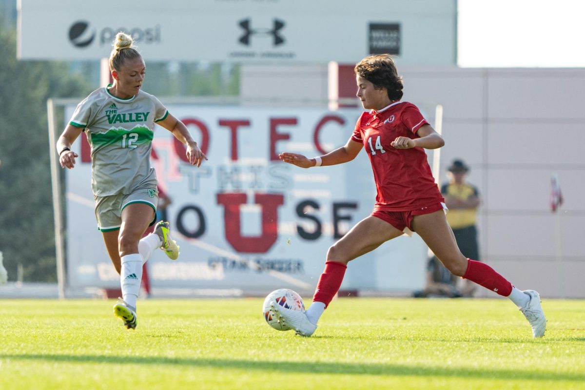 Utah forward Kennedy Schoennauer (14) in the game versus Utah Valley Wolverines at Ute Soccer Field in Salt Lake City, Utah, on Wednesday, Aug.30, 2023. (Photo by Xiangyao “Axe” Tang | The Daily Utah Chronicle)