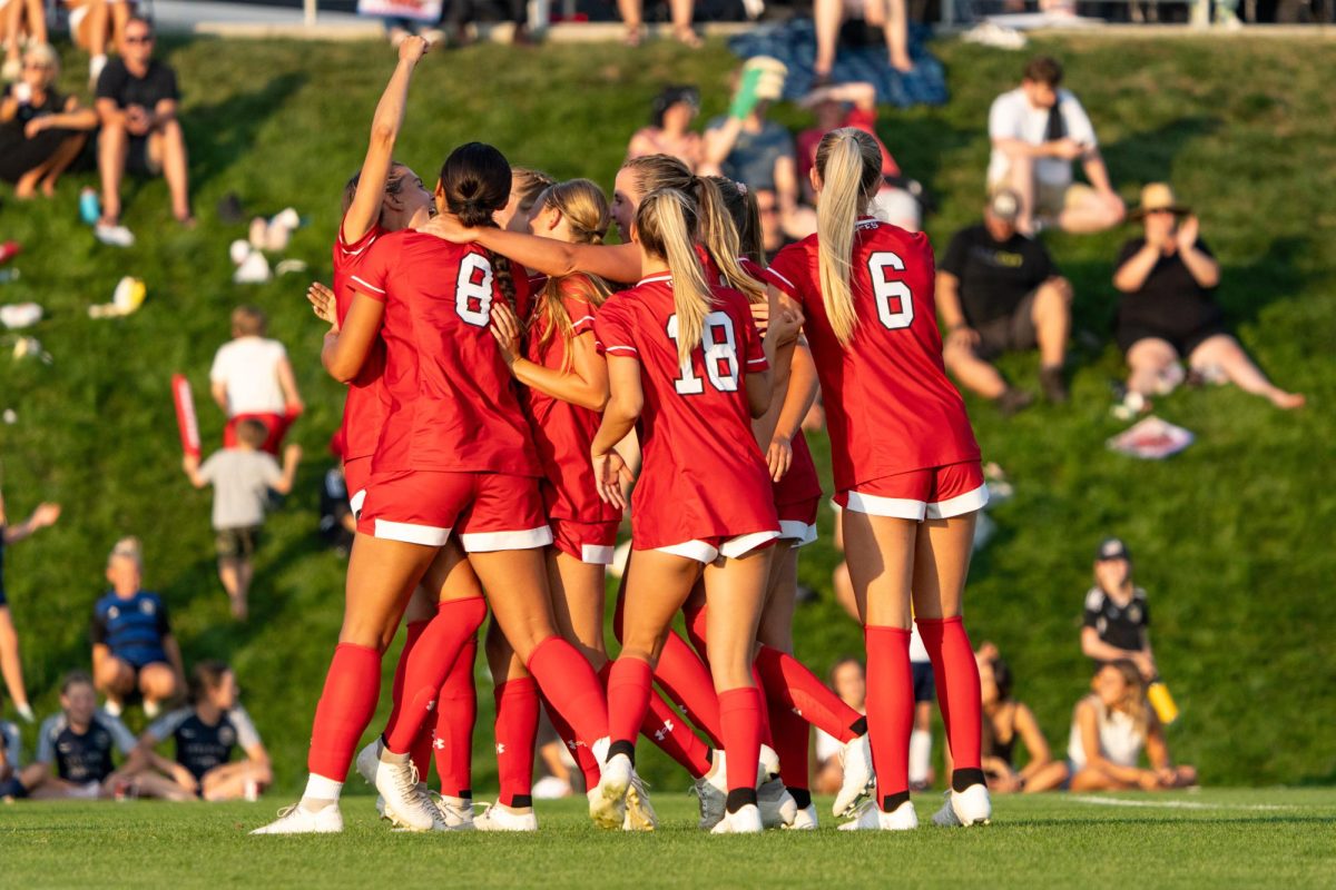 The University of Utah women’s soccer team celebrates after goal in the game versus Utah Valley Wolverines at Ute Soccer Field in Salt Lake City, Utah, on Wednesday, Aug.30, 2023. (Photo by Xiangyao “Axe” Tang | The Daily Utah Chronicle)