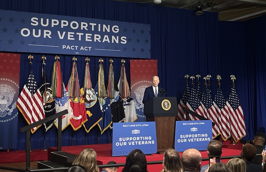 President Joe Biden delievers a speech on the PACT Act at the George E. Wahlen Department of Veterans Affairs Medical Center in Salt Lake City on Aug. 10, 2023. (Photo by Caelan Roberts | The Daily Utah Chronicle)
