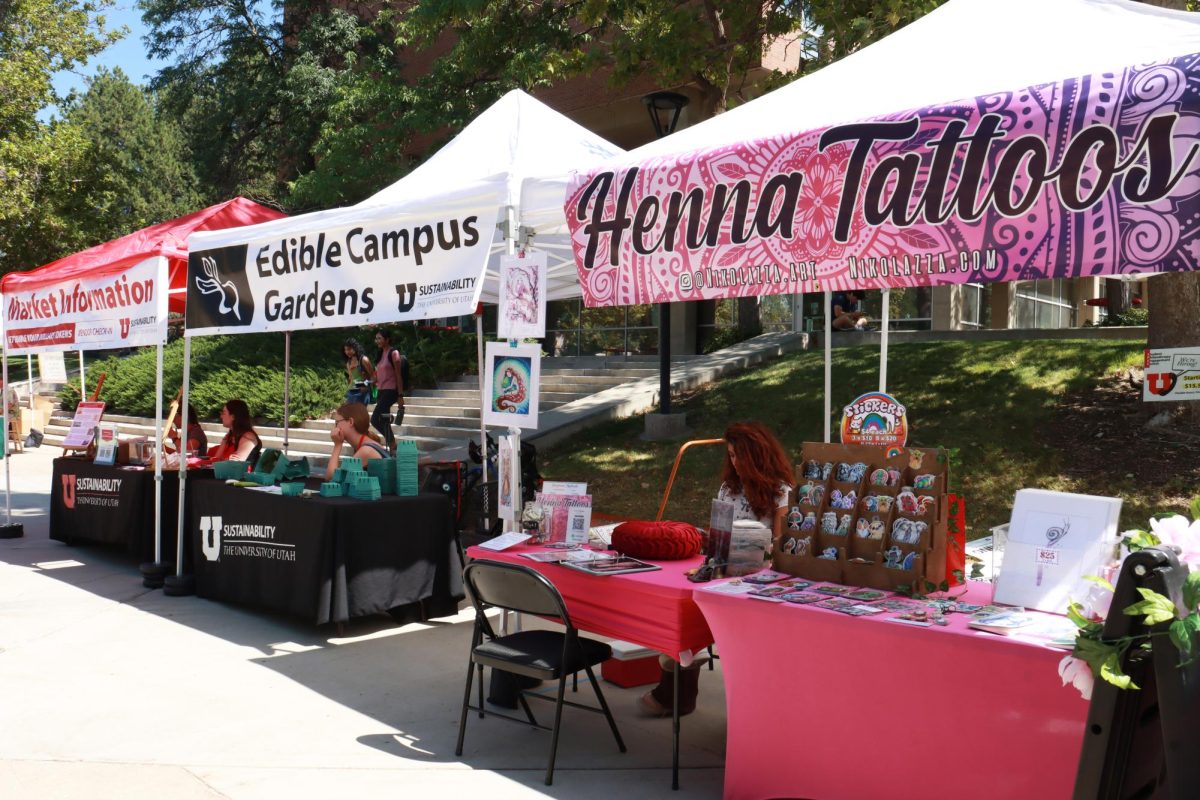 Local businesses and campus organizations set up thieir booths for the University of Utah Farmers Market on the university campus in Salt Lake City on Thursday, Aug. 31, 2023 (Photo by Sarah Karr | The Daily Utah Chronicle).