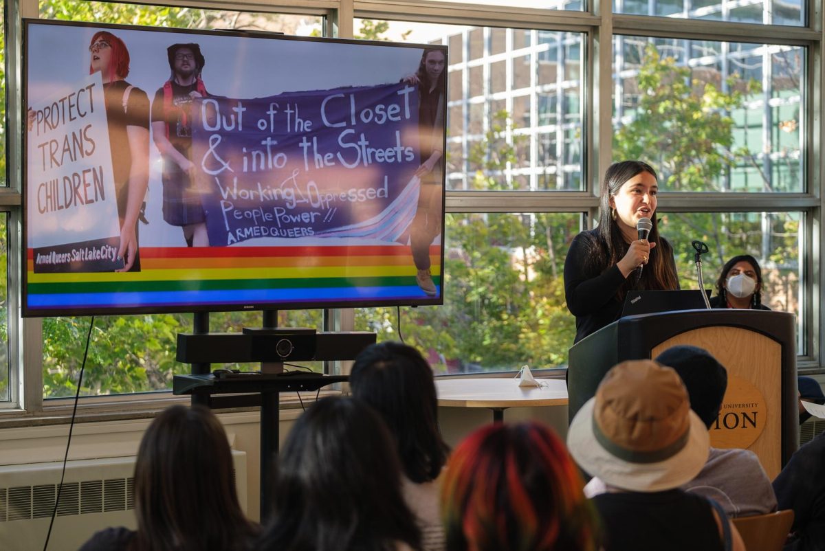 Ermiya Fanaeian speaks during MECHAs Queer Resistance event at the A. Ray Olpin Student Union in Salt Lake City on Wednesday, Sept. 27, 2023. (Photo by Marco Lozzi | The Daily Utah Chronicle)