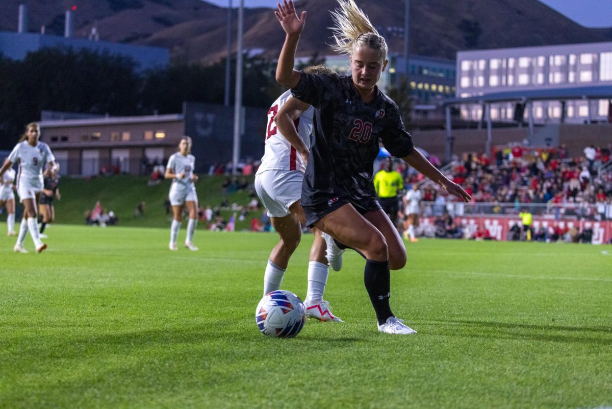 Utah forward Katie OKane (20) in the game versus the USC Trojans at Ute Soccer Field in Salt Lake City, Utah, on Friday, Sept. 22, 2023. (Photo by Mary Allen | The Daily Utah Chronicle)