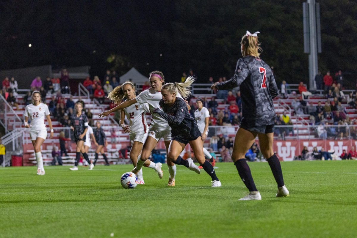 Utah forward Katie OKane (20) in the game versus the USC Trojans at Ute Soccer Field in Salt Lake City on Friday, Sept. 22, 2023. (Photo by Mary Allen | The Daily Utah Chronicle)