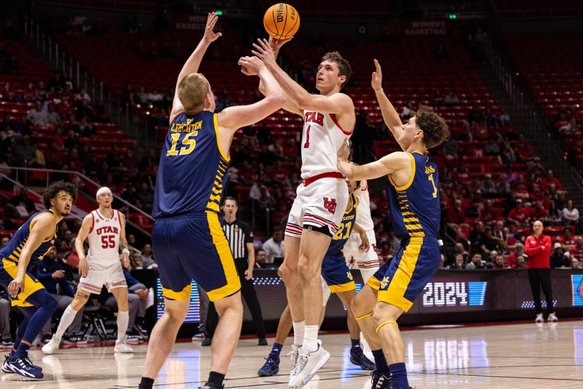 Utah forward Ben Carlson (1) versus the UC Irvine Anteaters at the Jon M. Huntsman Center in Salt Lake City on Tuesday, March 19, 2024. (Photo by Xiangyao “Axe” Tang | The Daily Utah Chronicle)