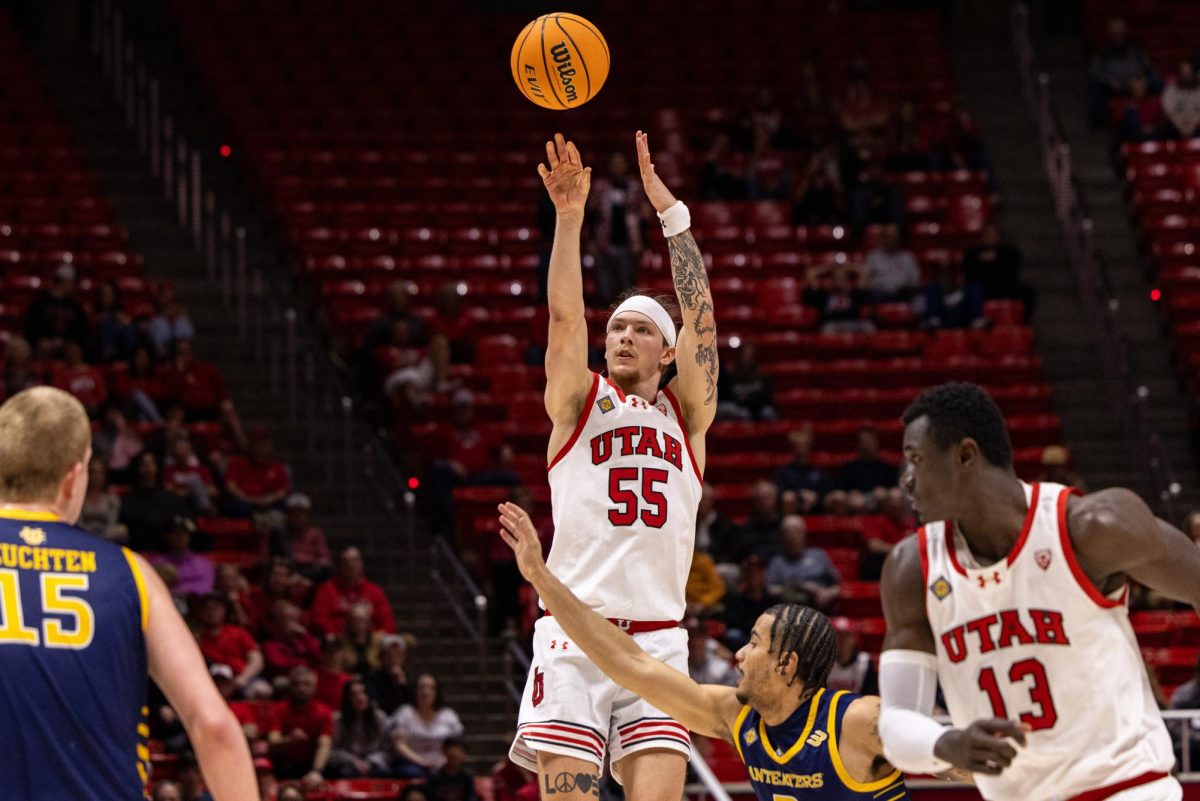 Utah+guard+Gabe+Madsen+%2855%29+versus+the+UC+Irvine+Anteaters+at+the+Jon+M.+Huntsman+Center+in+Salt+Lake+City+on+Tuesday%2C+March+19%2C+2024.+%28Photo+by+Xiangyao+%E2%80%9CAxe%E2%80%9D+Tang+%7C+The+Daily+Utah+Chronicle%29