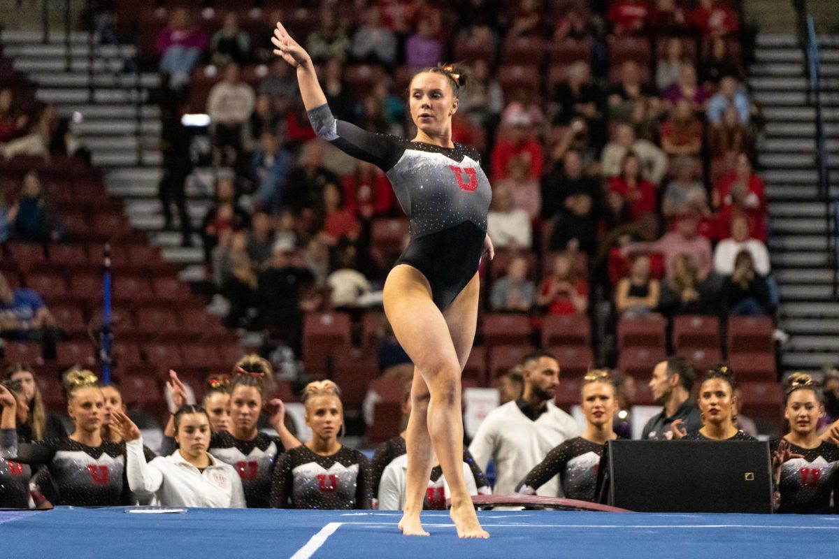 Utah gymnast Maile OKeefe performs her floor routine at the Sprouts Farmers Market Collegiate Quad at Maverik Center in West Valley City, Utah on Saturday, Jan. 13, 2024. (Photo by Xiangyao “Axe” Tang | The Daily Utah Chronicle)
