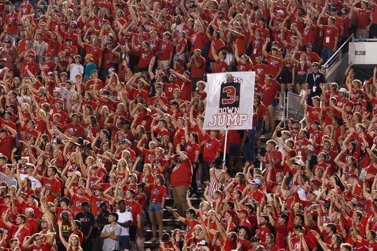 The Mighty Utah Student Section (The MUSS) in the game versus Florida Gators at Rice-Eccles Stadium in Salt Lake City, Utah, on Thursday, Aug.31, 2023. (Photo by Madeline Van Wagenen | The Daily Utah Chronicle)