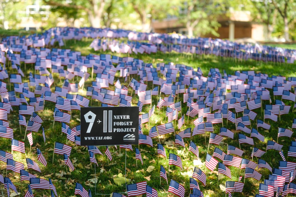 Miniature+U.S.+flags+placed+by+the+Young+Americas+Foundation+as+a+9%2F11+memorial+in+front+of+the+A.+Ray+Olpin+Student+Union+in+Salt+Lake+City+on+Sunday%2C+Sep.+10%2C+2023.+%28Photo+by+Marco+Lozzi+%7C+The+Daily+Utah+Chronicle%29