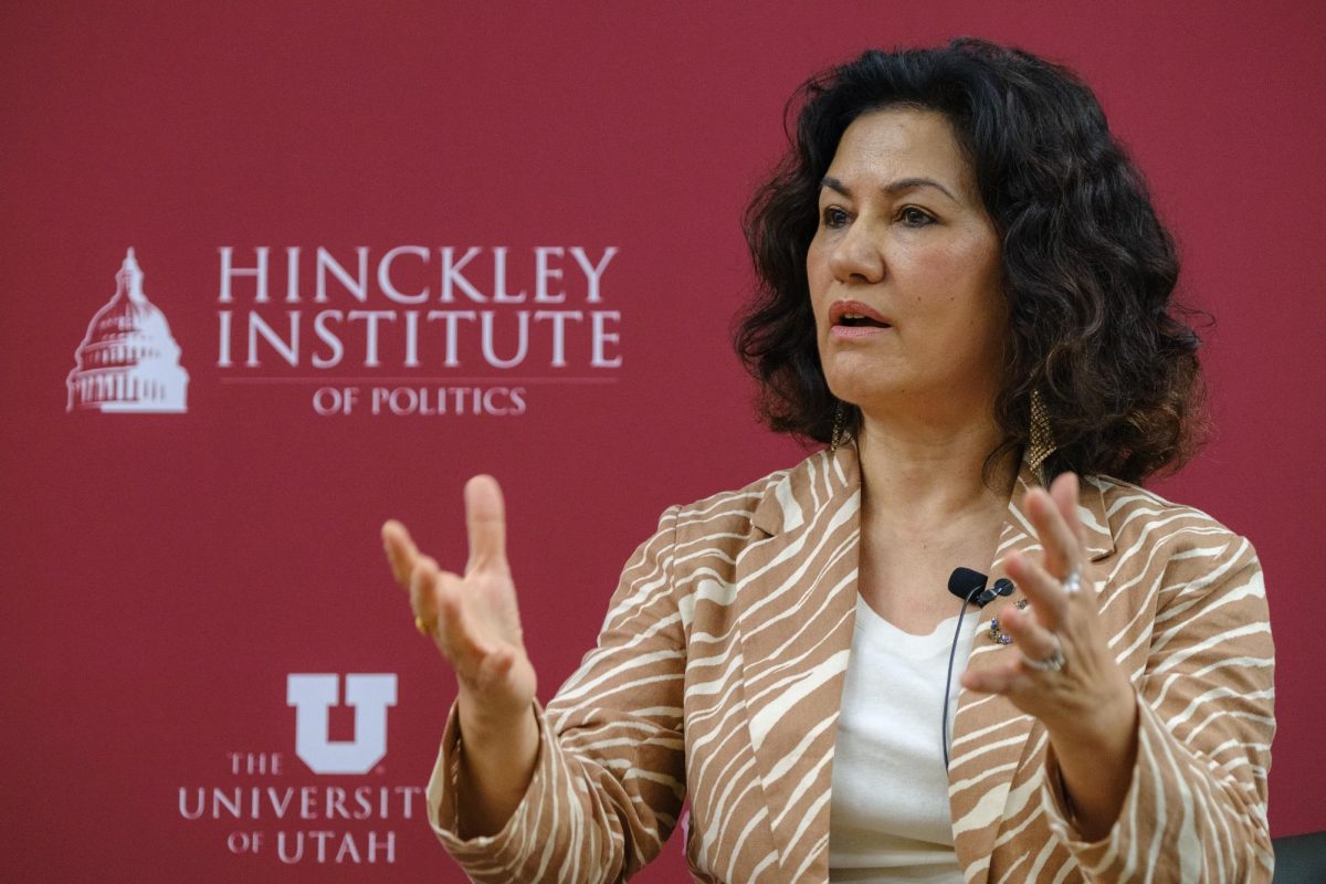 Rushan Abbas speaks at the Hinckley forum held in the Hinckley Institute of Politics on the University of Utah campus in Salt Lake City on Wednesday, Sept. 20, 2023. (Photo by Marco Lozzi | The Daily Utah Chronicle)