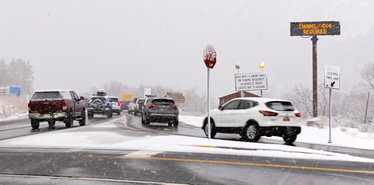 The traffic snake shows itself as skiers and snowboarders try to drive up Little Cottonwood Canyon on a snow day. Image is taken on Feb. 18, 2022. (Photo by Kevin Cody | The Daily Utah Chronicle)