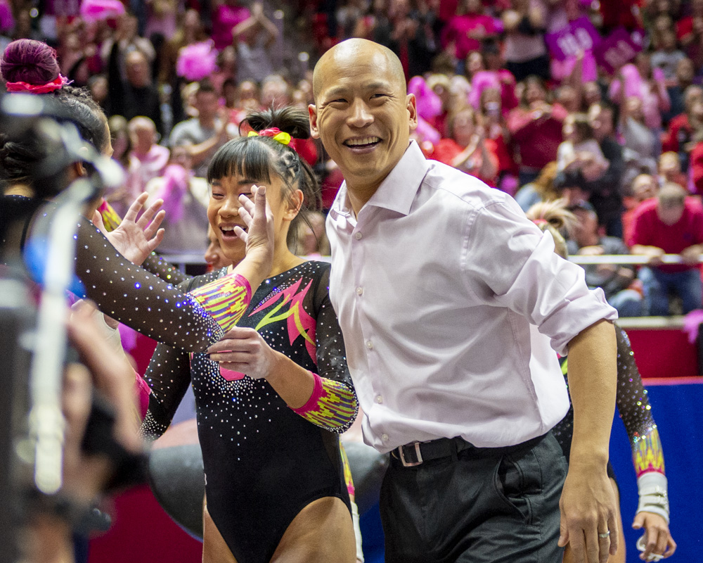 University of Utah womens gymnastics head coach Tom Farden talks about the Red Rocks performance following a dual meet versus the Stanford Cardinals at the Jon M. Huntsman Center in Salt Lake City on March 6, 2020. (Photo by Kiffer Creveling | The Daily Utah Chronicle)