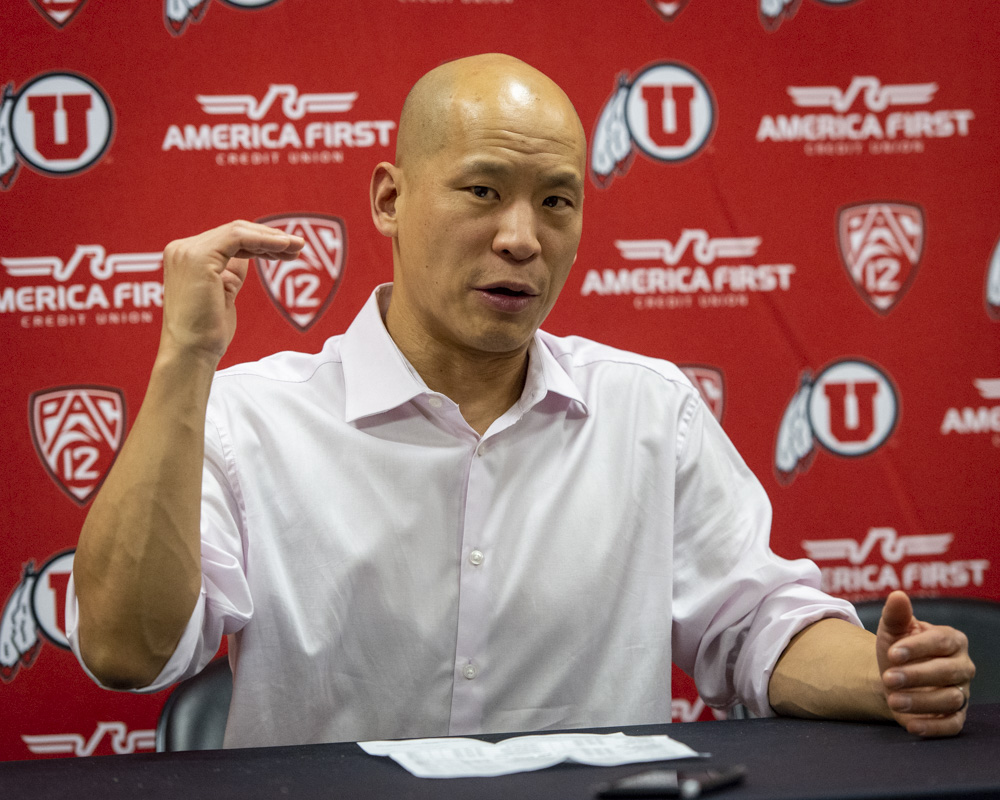 University of Utah womens gymnastics head coach Tom Farden talks about the Red Rocks performance following a dual meet versus the Stanford Cardinals at the Jon M. Huntsman Center in Salt Lake City on March 6, 2020. (Photo by Kiffer Creveling | The Daily Utah Chronicle)