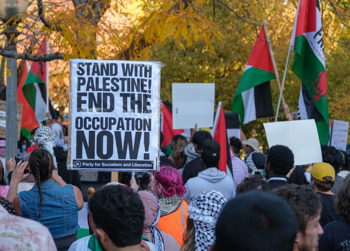Pro-Palestine demonstrators organize in the City Creek Park in Salt Lake City during the Stand for Palestine Rally on Saturday, Oct. 21, 2023. (Photo by Marco Lozzi | The Daily Utah Chronicle)