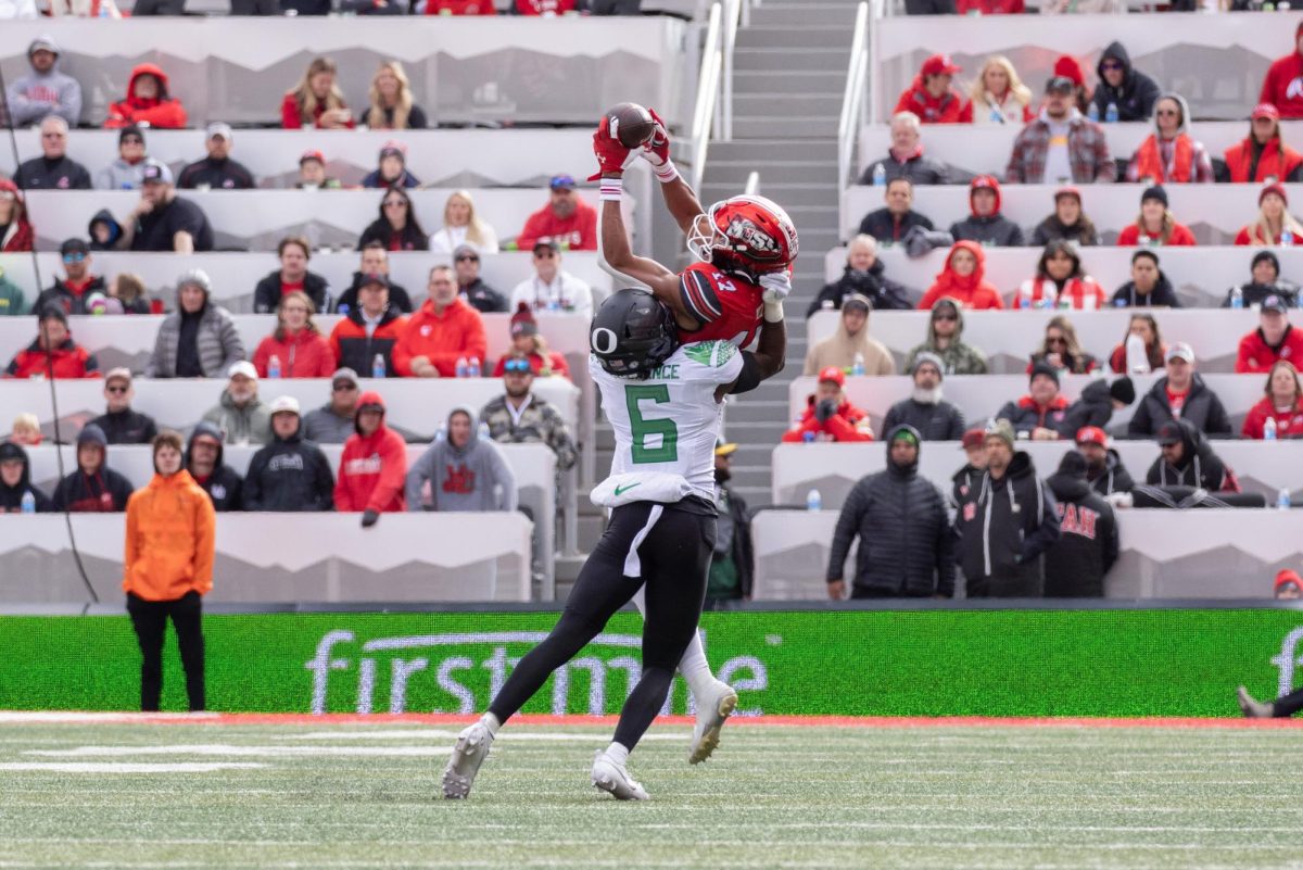 Utah wide receiver Devaughn Vele (17) catches a pass in the game versus the University of Oregon Ducks at Rice-Eccles Stadium in Salt Lake City, Utah on Saturday, Oct. 28, 2023. (Photo by Madeline Van Wagenen | The Daily Utah Chronicle)