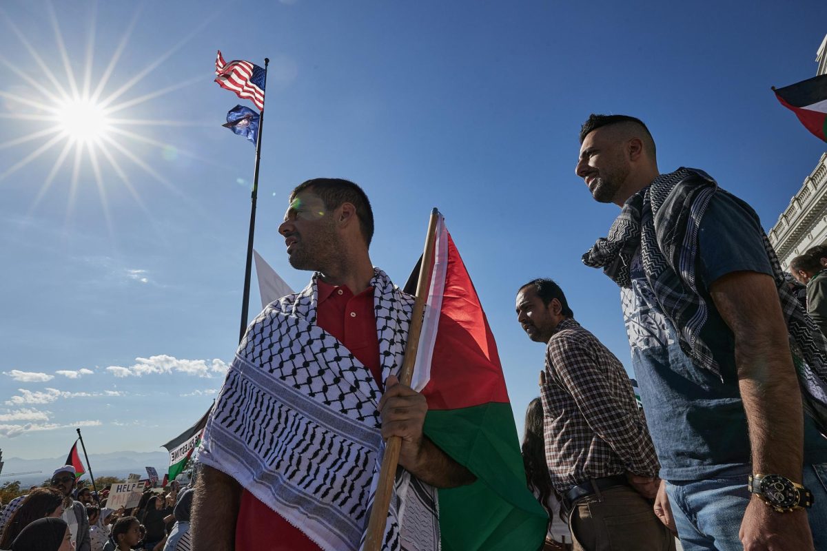 Pro-Palestine demonstrators organize in front of the Utah State Capitol in Salt Lake City during the Stand for Palestine Rally on Oct. 21, 2023. (Photo by Luke Larsen | The Daily Utah Chronicle)