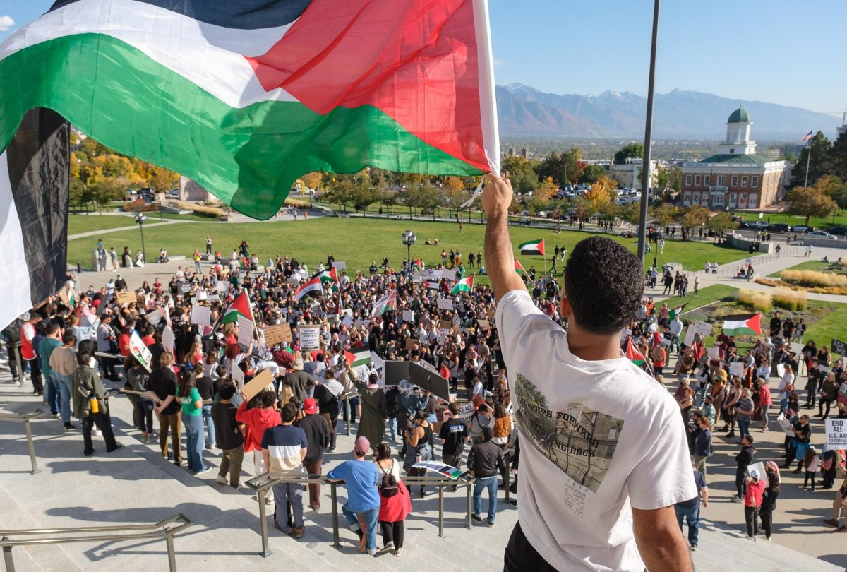 Pro-Palestine demonstrators organize in front of the Utah State Capitol in Salt Lake City during the Stand for Palestine Rally on Saturday, Oct. 21, 2023. (Photo by Marco Lozzi | The Daily Utah Chronicle)
