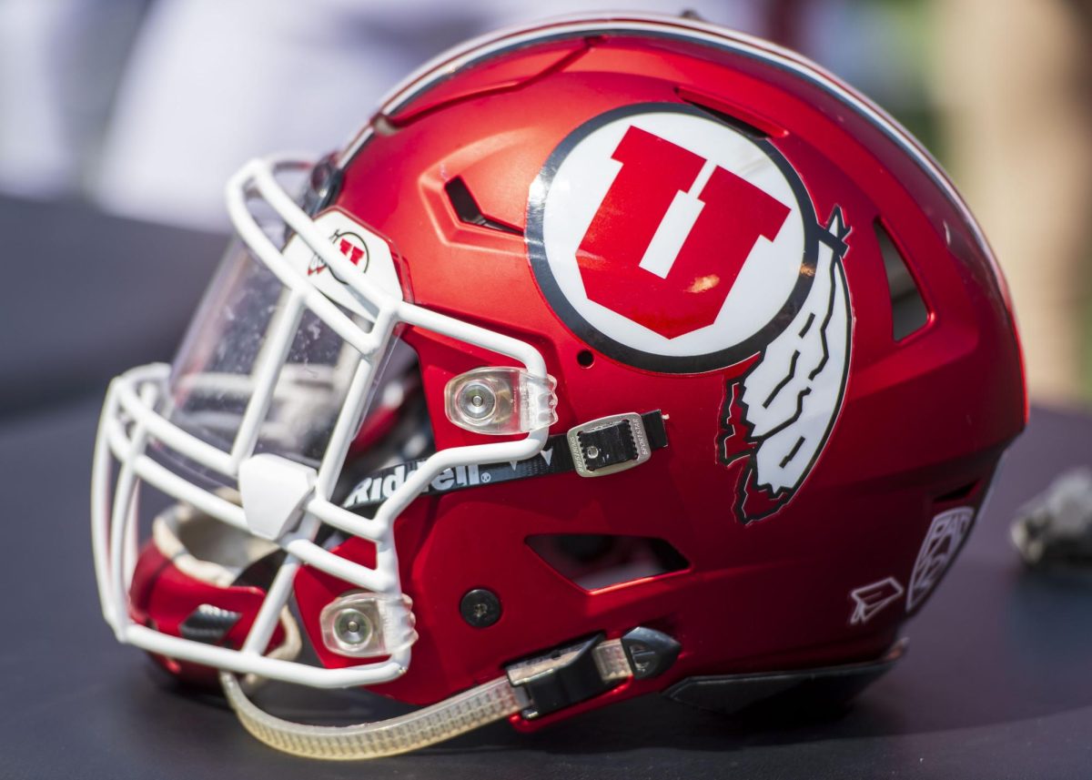 A University of Utah helmet on the sidelines during an NCAA game vs. the Northern Illinois Universtiy Huskies at Rice-Eccles Stadium in Salt Lake City on Sept. 7, 2019. (Photo by Kiffer Creveling)