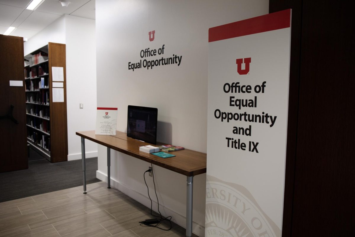 The Office of Equal Opportunity resource and check-in counter at the S.J. Quinney College of Law in Salt Lake City on Thursday, Oct. 19, 2023. (Photo by Sarah Karr | The Daily Utah Chronicle)