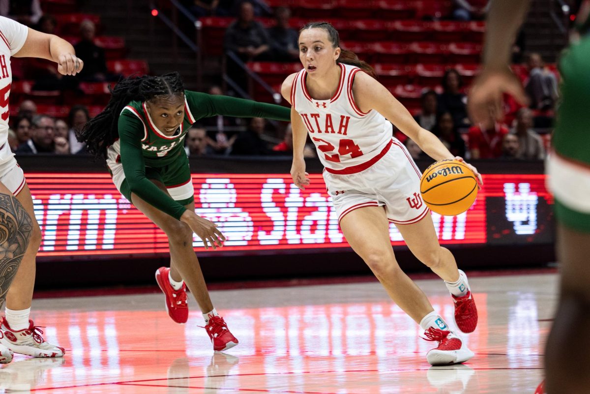 Utah guard Kennady McQueen (24) versus the Mississippi State Delta Devils at Jon M. Huntsman Center in Salt Lake City on Monday, Nov. 06, 2023. (Photo by Xiangyao “Axe” Tang | The Daily Utah Chronicle)