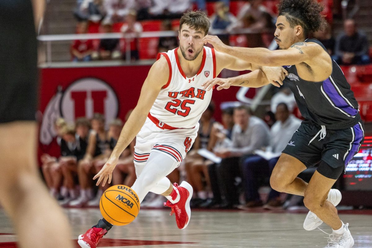Utah guard Rollie Worster (25) in the exhibition game versus Westminster Griffins at Jon. M. Huntsman Center in Salt Lake City on Nov. 1 2023. (Photo by Mary Allen | The Daily Utah Chronicle)